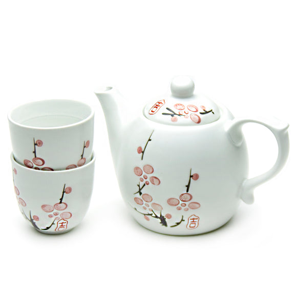 Japanese Snow White Cherry Blossom Sakura Ceramic Tea Set with Strainer Teapot with Side Easy Pour Handle and 2 Tea Cups