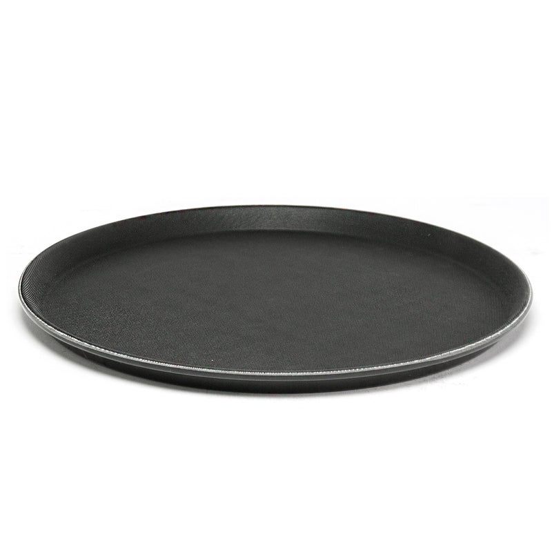 TRH-14K black round serving tray, low angled view