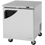Turbo Air TUF-28SD-N stainless steel undercounter freezer with one solid door, an external temperature display and casters.
