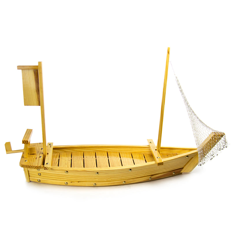 Side view of the 47¼-inch wooden sushi boat and decorative net