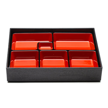 Lacquer Lunch Box 6 Compartment 11.75", Black/Red