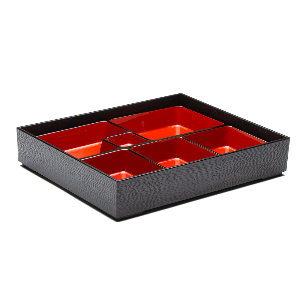 Lacquer Lunch Box 6 Compartment 11.75", Black/Red