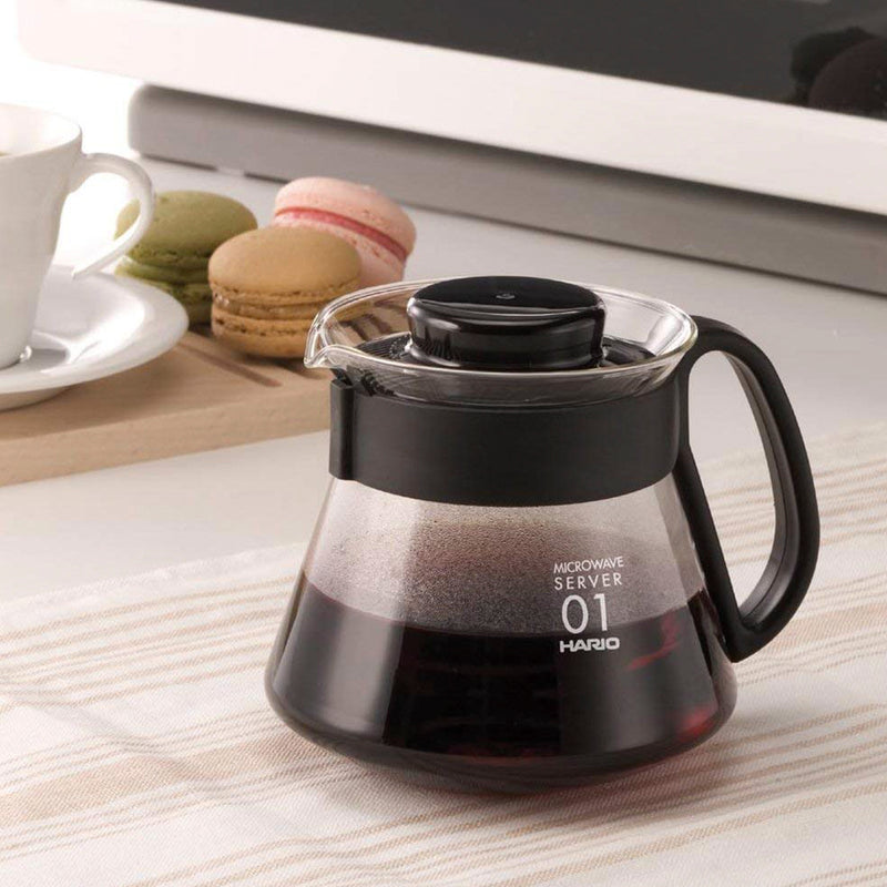 HARIO XVD-36B transparent glass coffee server with black handle and lid