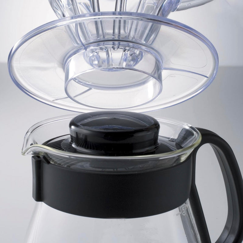 HARIO XVD-36B transparent glass coffee server with black handle and lid