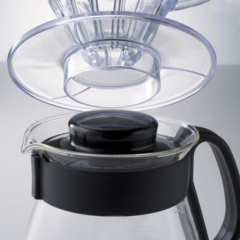 HARIO XVD-60B transparent glass coffee server with black handle and lid