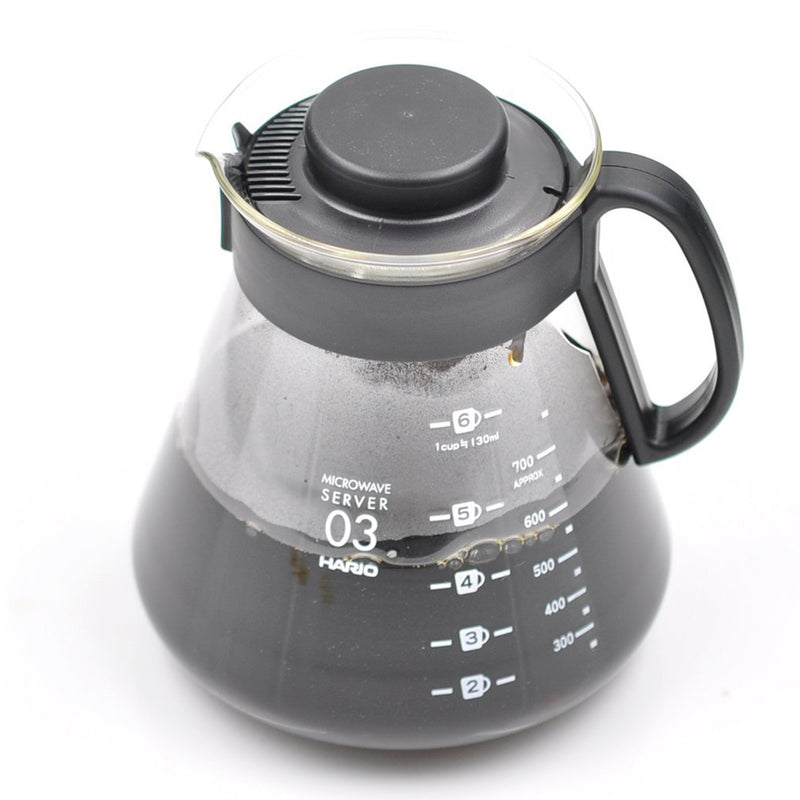 HARIO XVD-80B transparent glass coffee server with black handle and lid