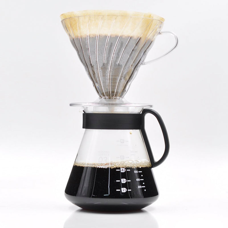 HARIO XVD-80B transparent glass coffee server with black handle and lid