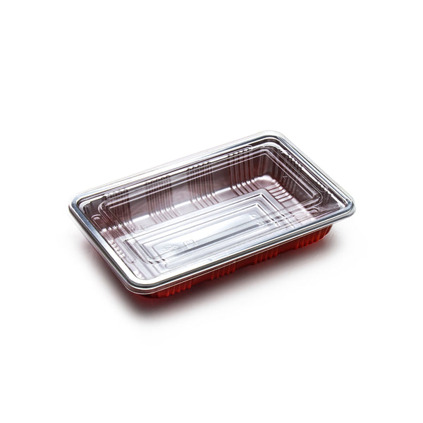 Sushi & Bento To-Go Tray with Clear Lid (100pc) - Small Red & Silver