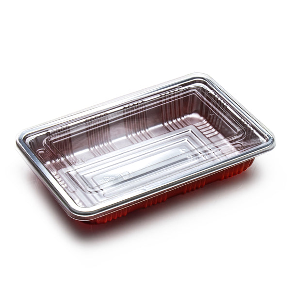 Sushi To-Go Tray with Clear Lid (100 pc) - Large Red & Silver