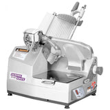 German Knife GS-12A heavy-duty automatic meat slicer with electronic controls, food chute and top-mounted sharpener