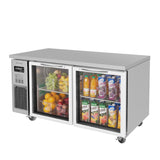 Turbo Air JUR-60-G-N stainless steel undercounter refrigerator with two glass doors, a left-side control panel and casters.