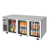 Turbo Air JUR-72-G-N stainless steel undercounter refrigerator with three glass doors, a left-side control panel and casters.