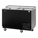 Turbo Air TBC-50SB-GF-N black glass and mug froster with two sliding stainless steel top lids, a lower front ventilation grille and casters.