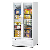 Turbo Air TGF-35SDH-N white upright glass-door freezer with two tall glass swing doors, no top sign panel, interior display shelves and a lower ventilation grille.