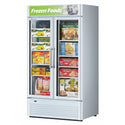 White two-door glass-door freezer with illuminated top sign panel