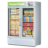 White two-door glass-door freezer with illuminated top sign panel