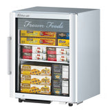 White countertop glass-door freezer displaying packaged frozen foods