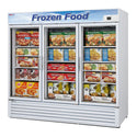 White three-door glass freezer with illuminated advertising panel