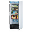 Angled view of a white refrigerated merchandiser with a single glass door and beverage display shelves.