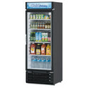 Angled view of a black refrigerated merchandiser with a single glass door and beverage display shelves.