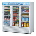 Angled view of a white refrigerated merchandiser with three glass doors and beverage display shelves.