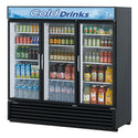 Angled view of a black refrigerated merchandiser with three glass doors and beverage display shelves.