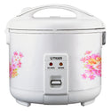 Tiger JNP rice cooker with a white floral body, carrying handle, front switch and Rice Cooking and Keep Warm indicator lights.
