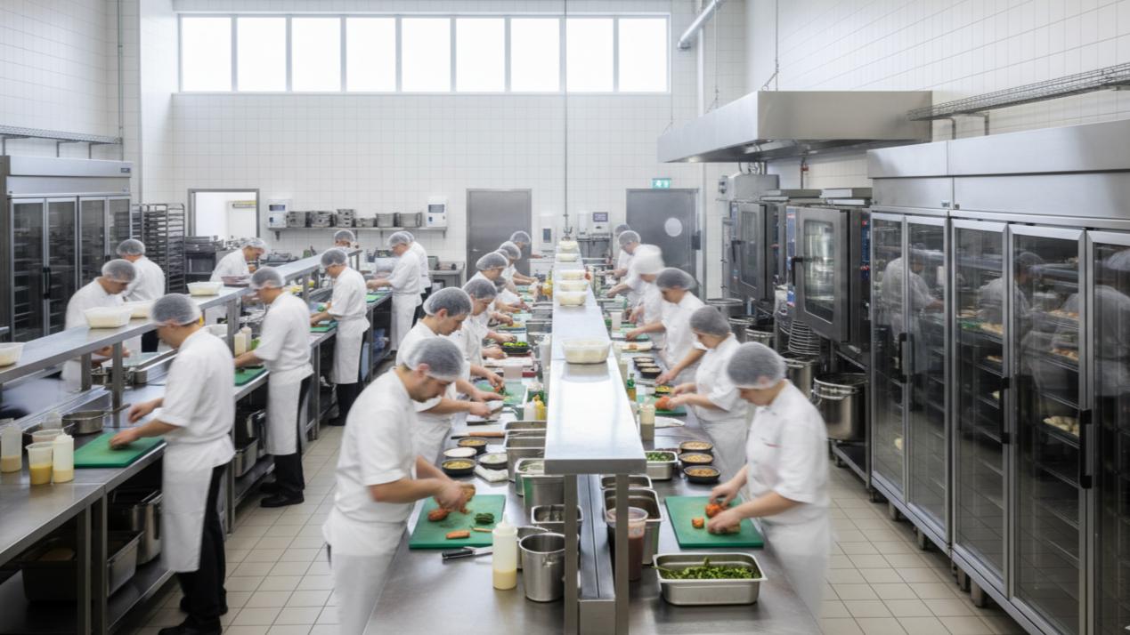 Commercial commissary kitchen with stainless-steel preparation tables and food-production staff.