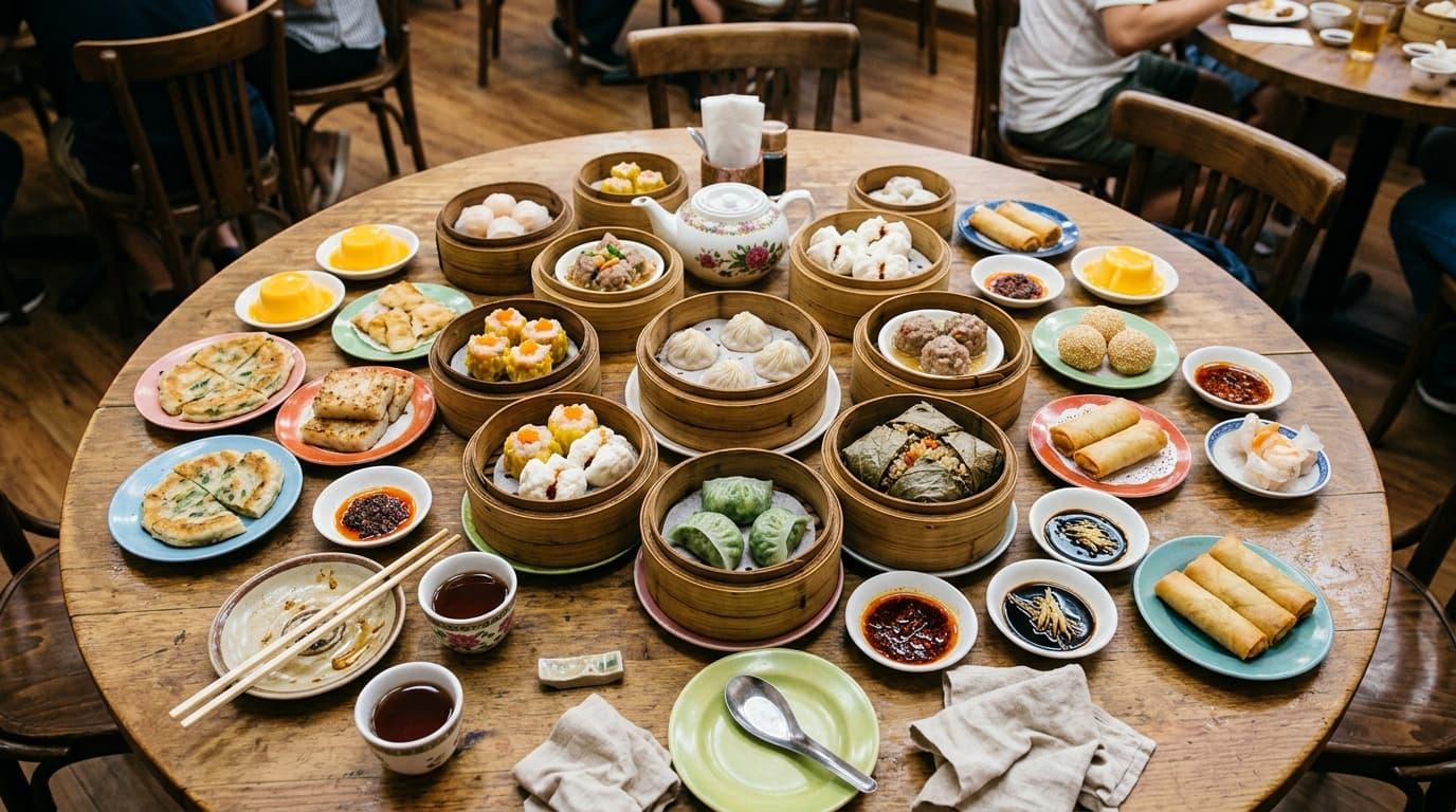 Dim sum shared dishes, bamboo steamers, personal plates and tea crowded across a restaurant table