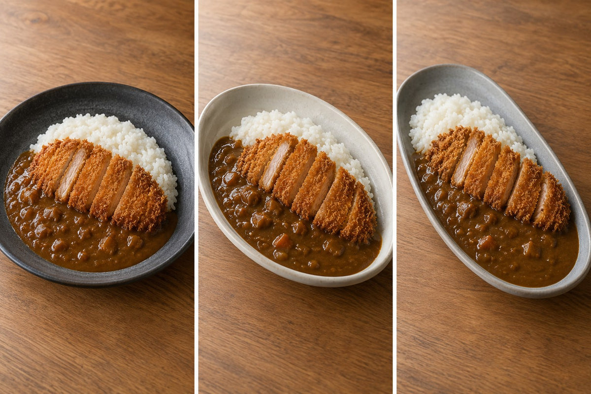 Katsu curry served in round, oval and elongated vessels with contained sauce and a clear rice and cutlet field.