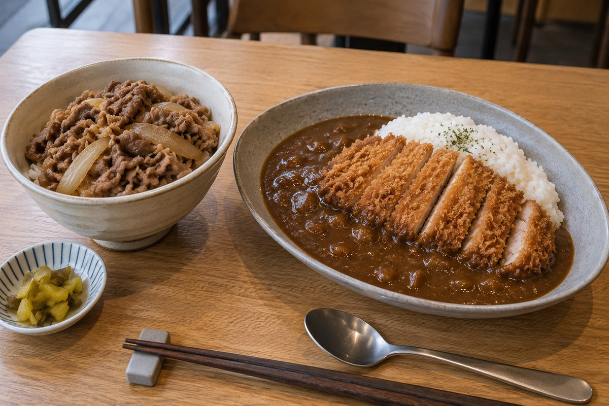Gyudon in a contained bowl beside katsu curry on a broad shallow oval vessel
