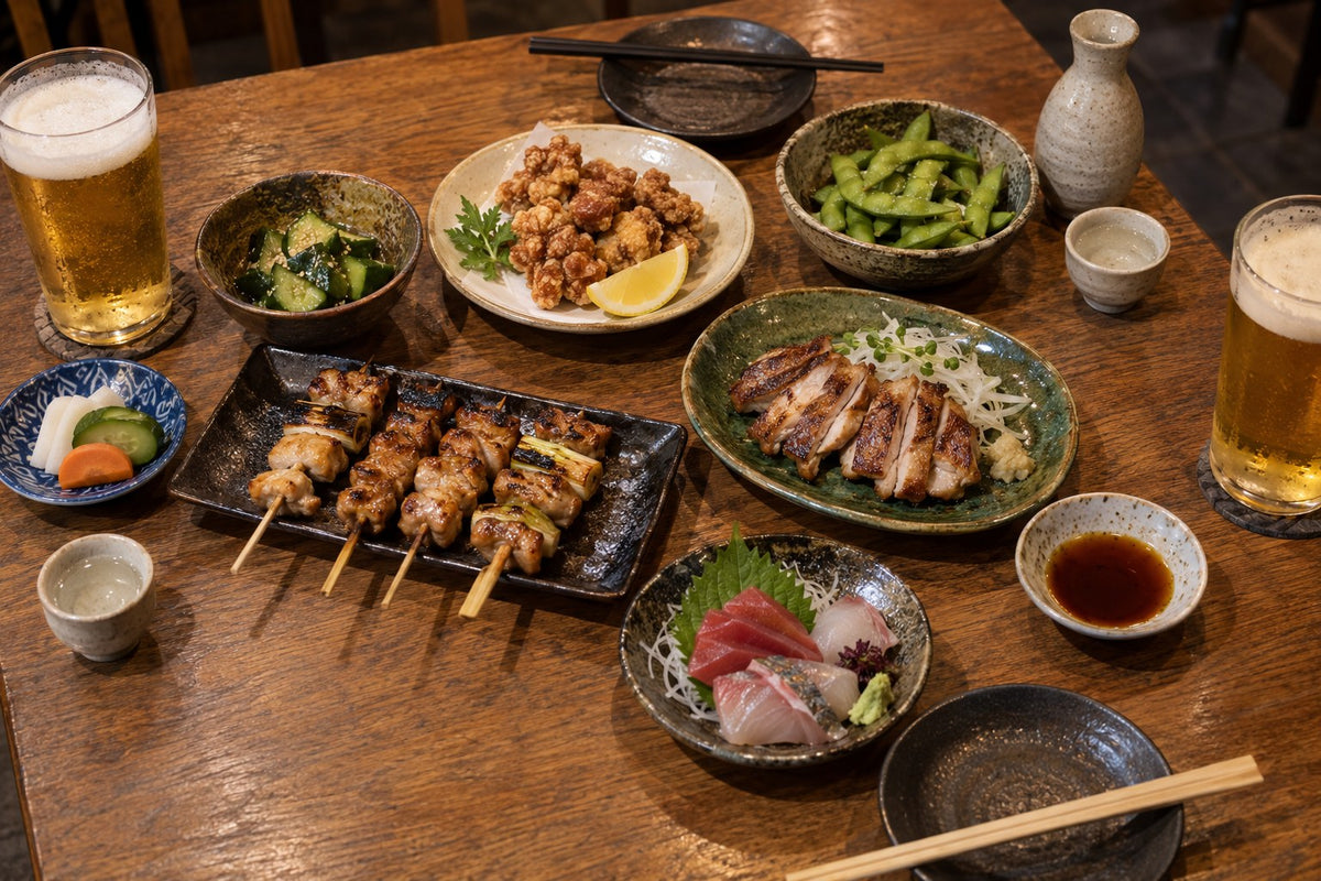 Concurrent izakaya service with small dishes, karaage, sashimi and grouped skewers sharing a table