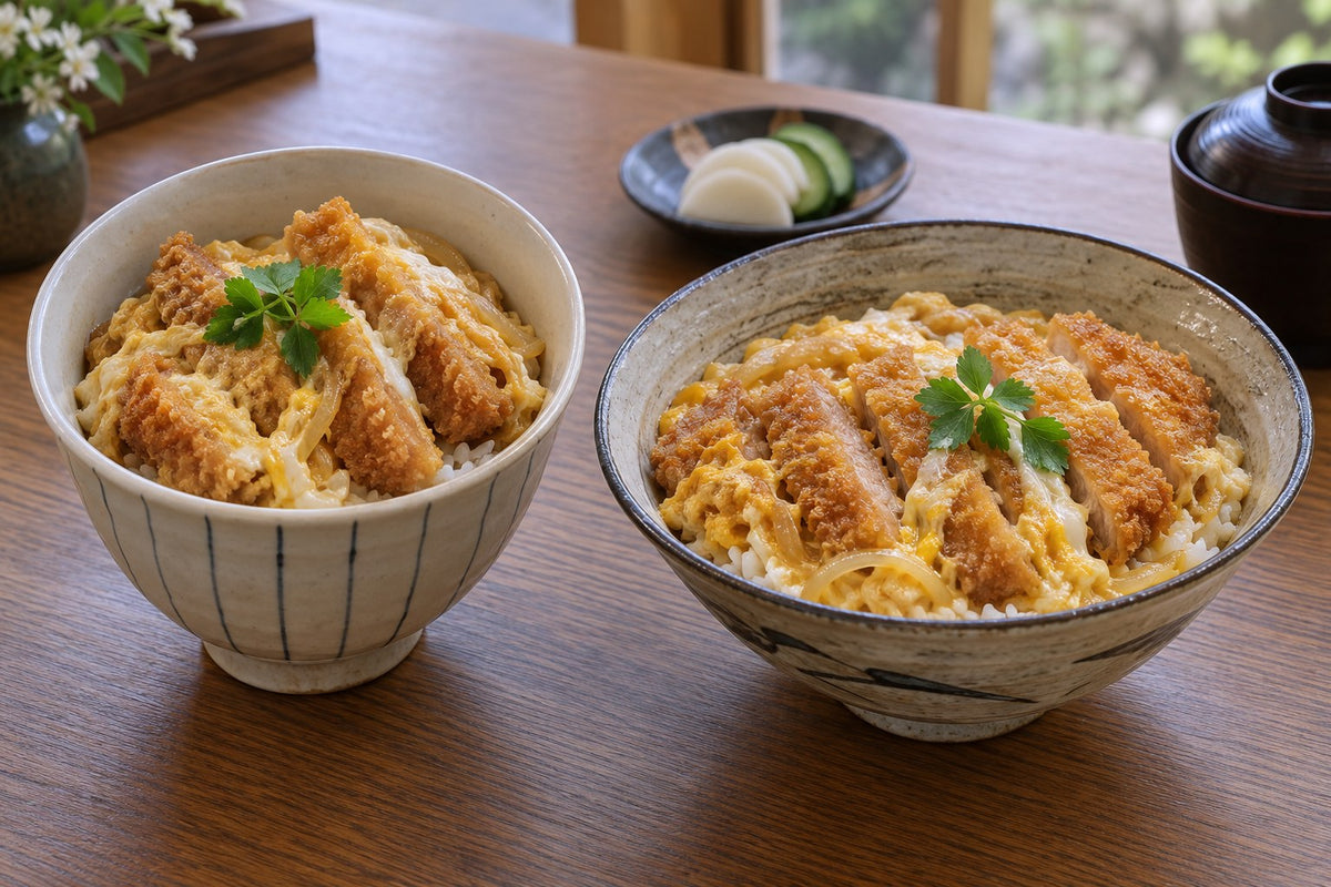 Sliced cutlet and egg over rice in two bowls with different usable openings