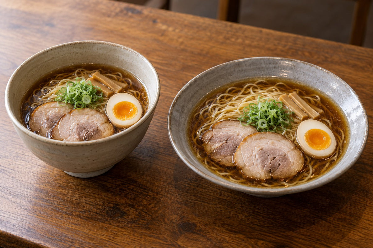 The same general ramen portion in a deeper bowl and a wider shallower bowl