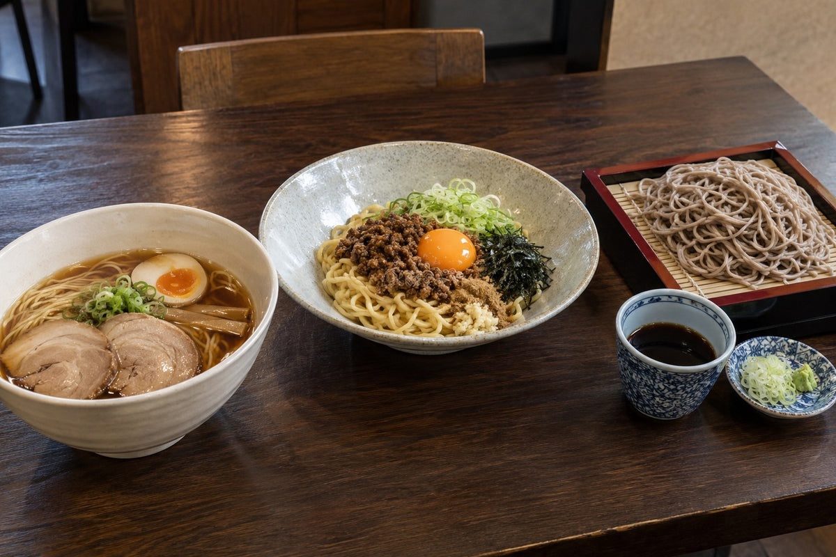 Hot ramen, broad soupless noodles and cold soba with separate dipping cup and garnish dish