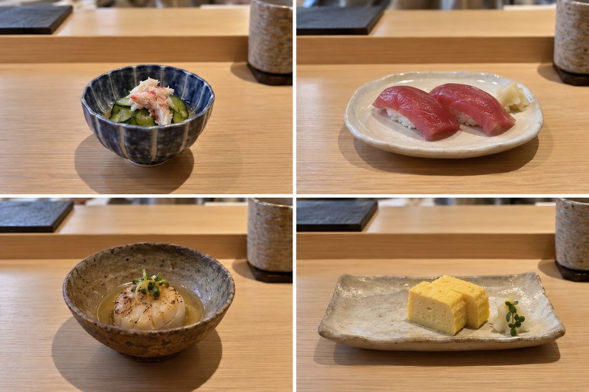 Four successive omakase courses on distinct small plates and contained bowls