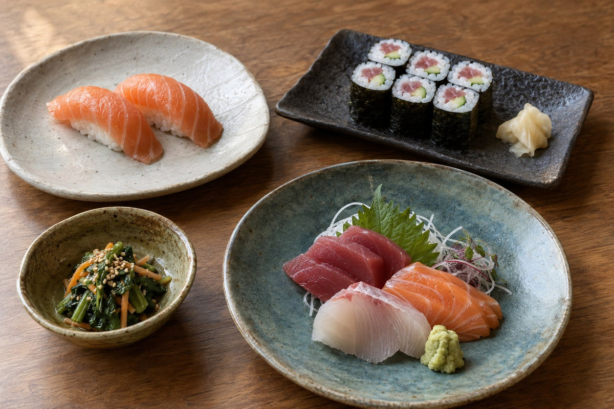 Nigiri, cut-roll sushi, sashimi and a dressed small course on four coordinated ceramic forms