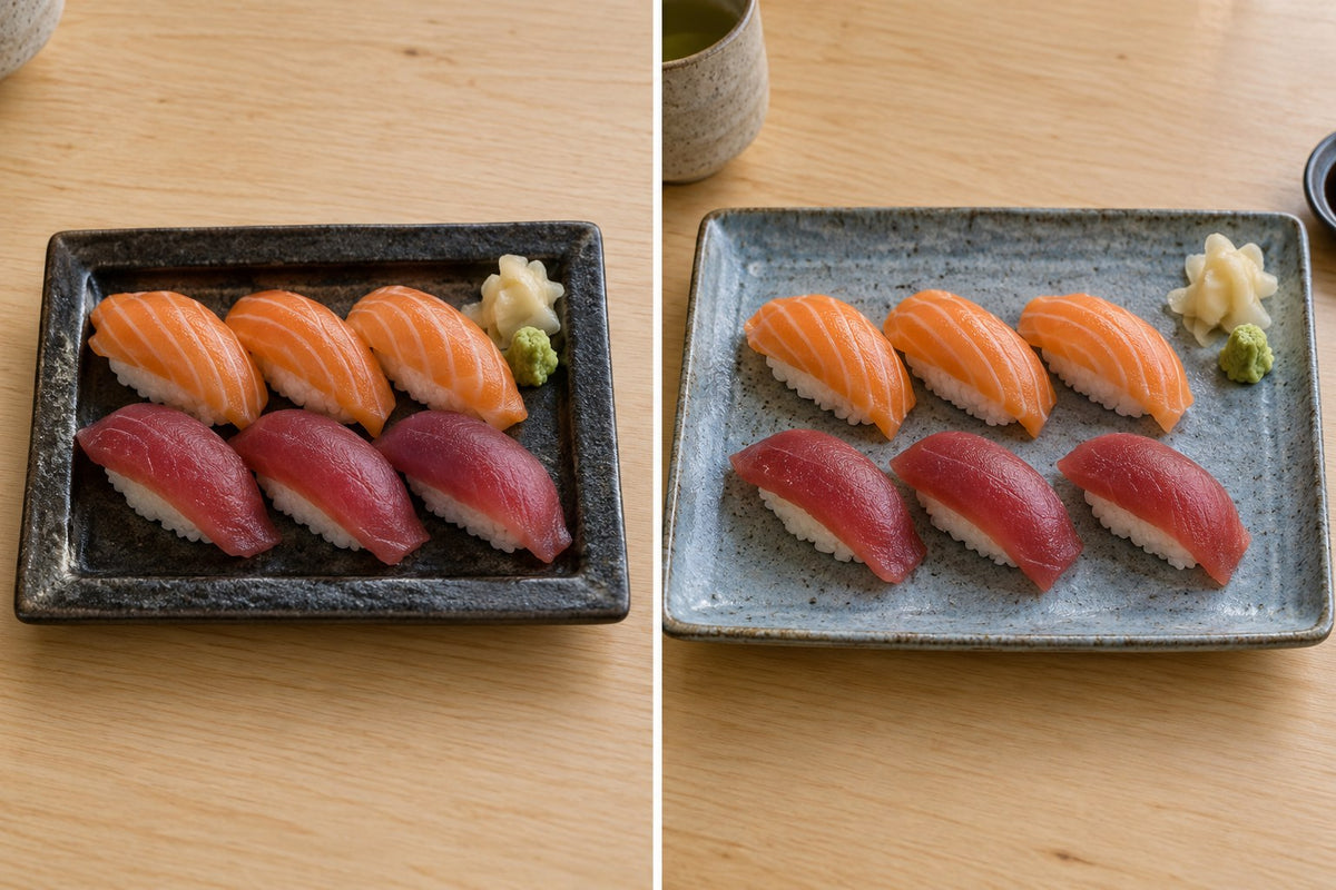 Six-piece nigiri presentation compared on a narrow raised-rim plate and a broader low-rim plate.