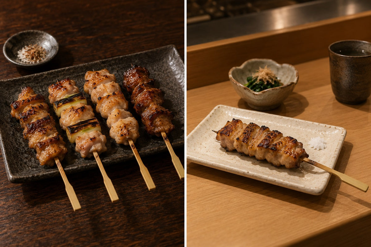 Four grouped yakitori skewers on a long plate beside one sequential skewer on compact courseware