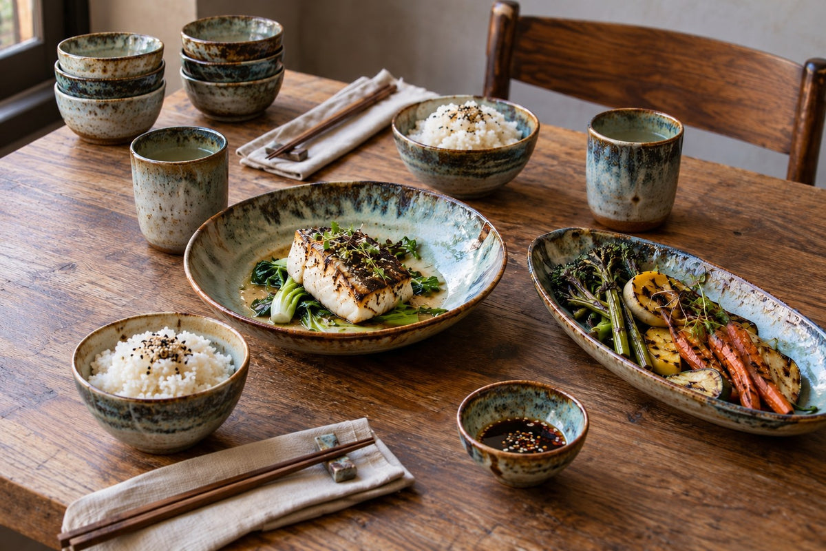Larger ceramic plates carrying shared fish and vegetable dishes