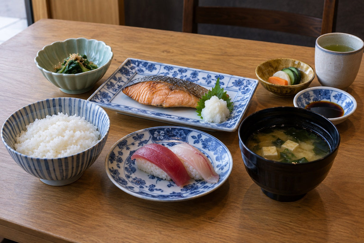 Sashimi served on a patterned plate with coordinating small dishes