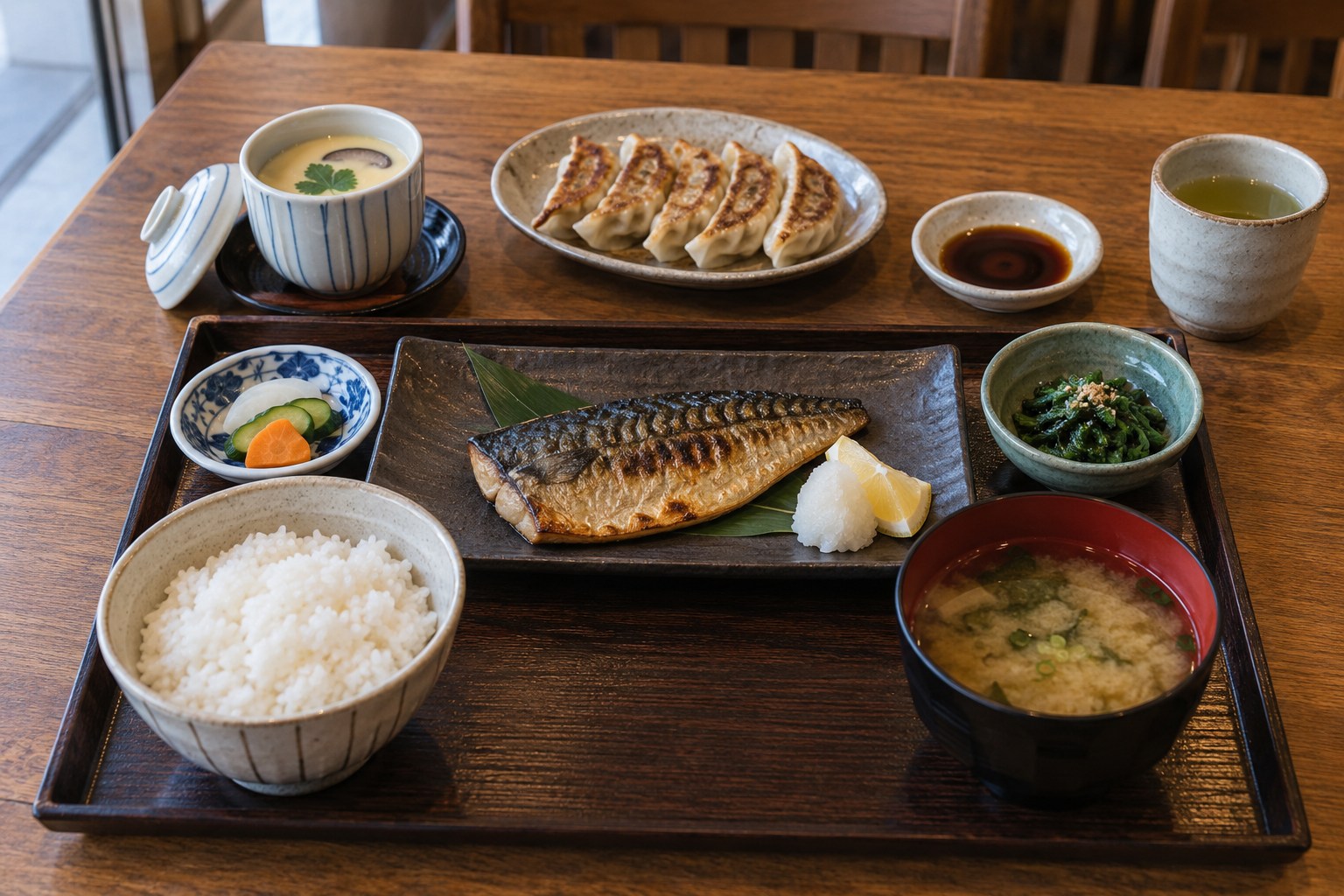 Japanese restaurant tableware arranged for a complete meal