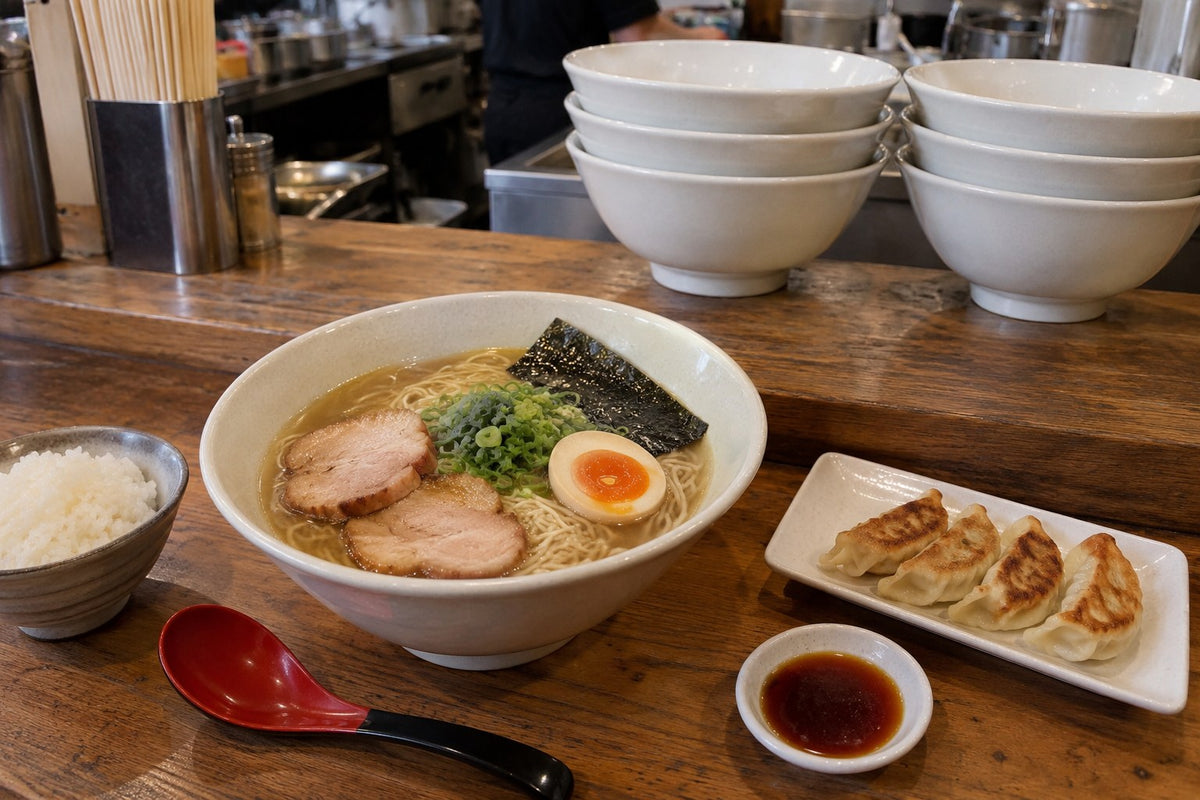 Ramen, gyoza and supporting dishes with repeated noodle bowls stacked behind the counter