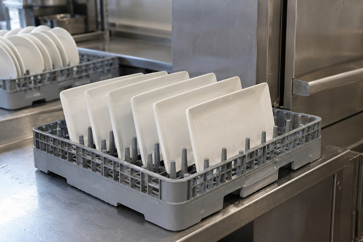 Long rectangular ceramic plates separated in a commercial dishwasher rack