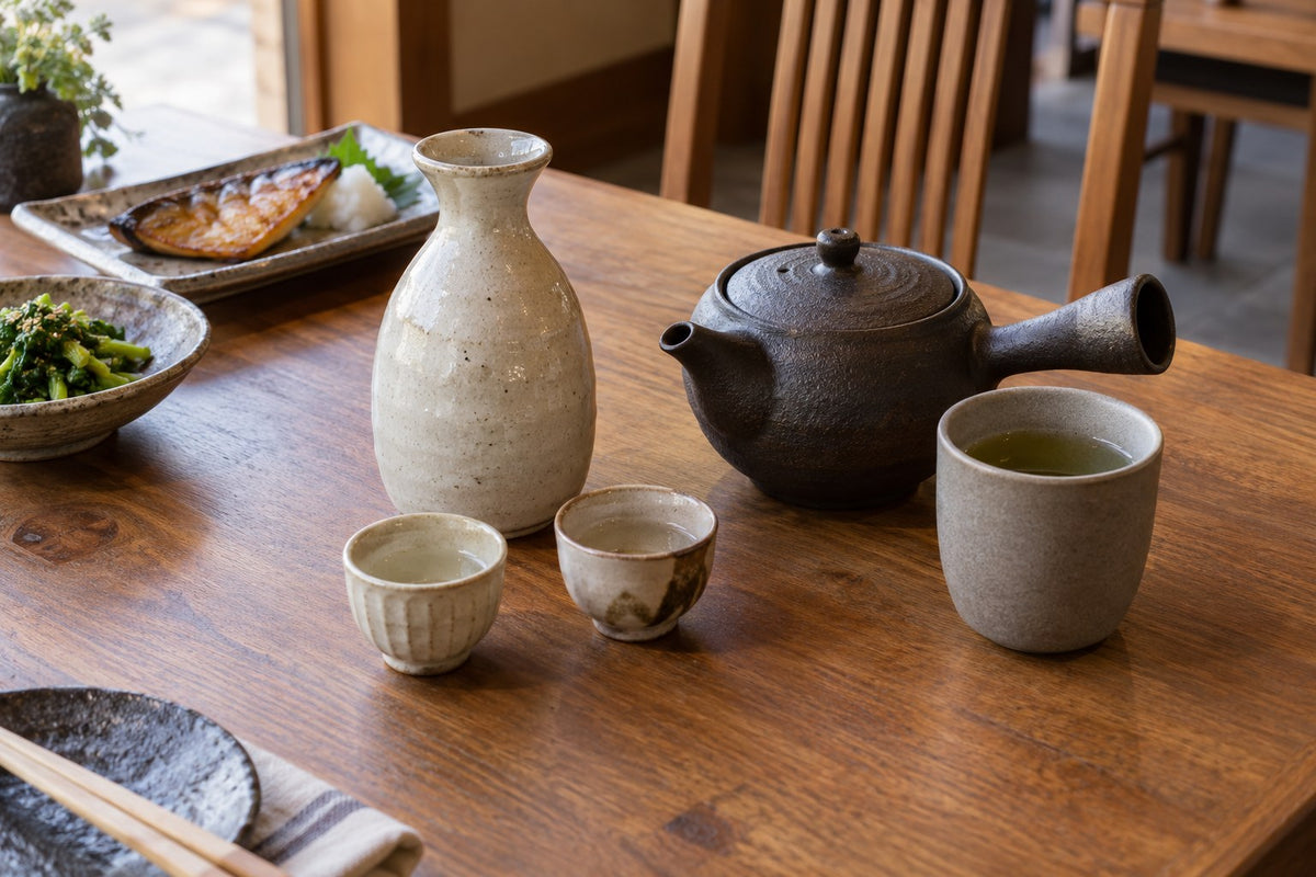 Ceramic sake flask and two small cups beside a side-handle teapot and larger tea cup