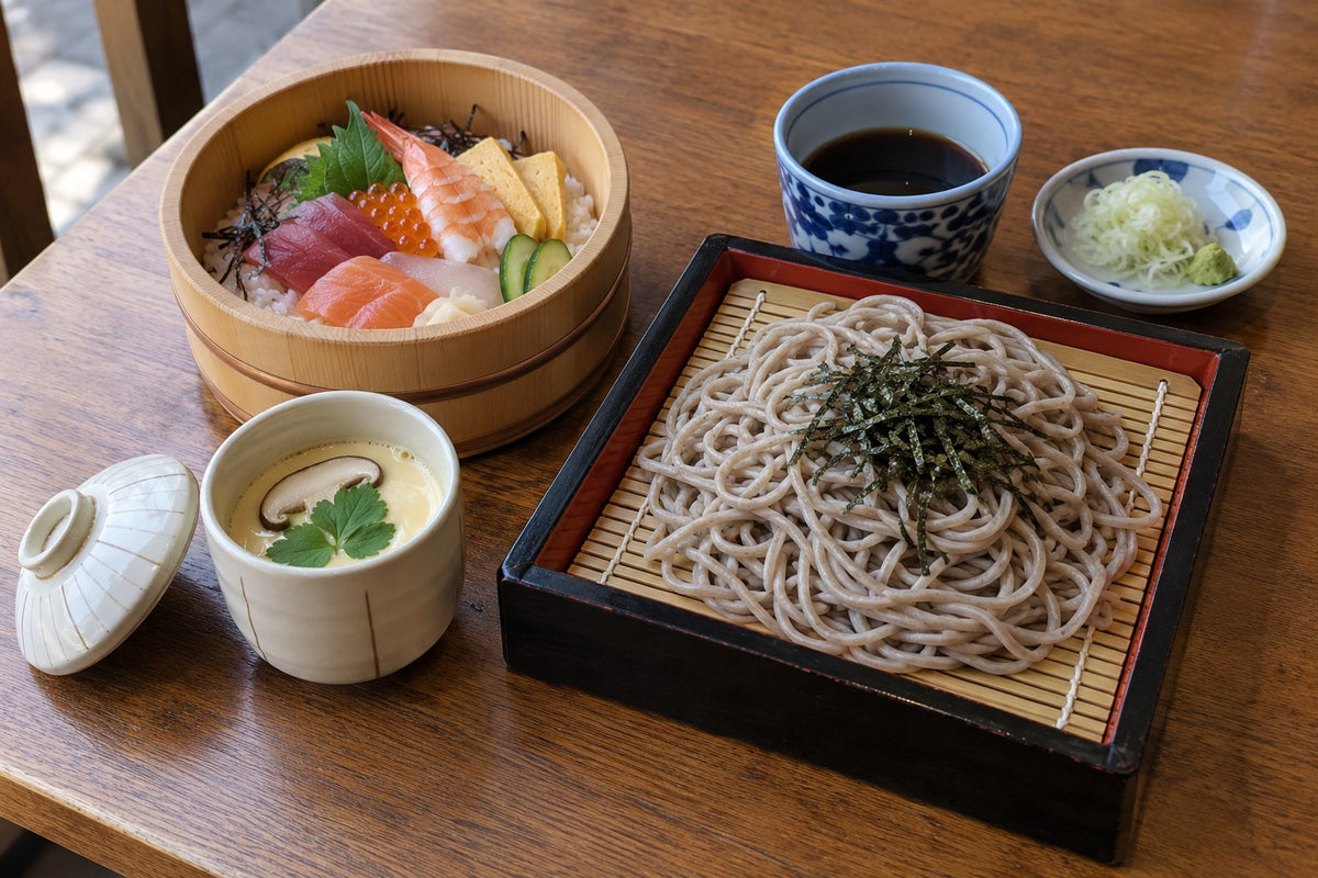 Noodle presentation, dipping vessel and garnish service work as one complete service.