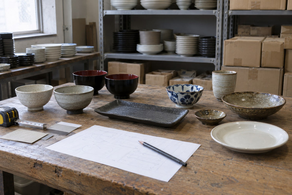 Commercial bowls, plates and small dishes arranged for an assortment and size review
