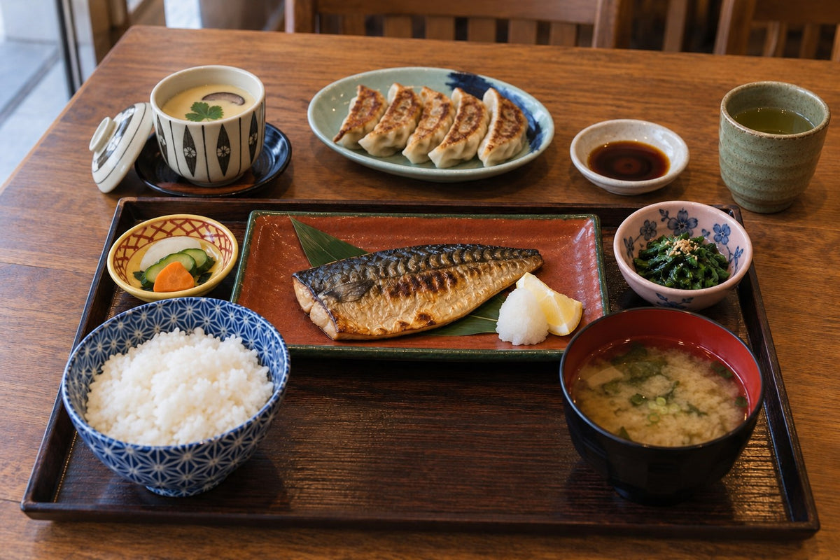 Japanese dishes on individually decorative vessels with competing palettes and patterns
