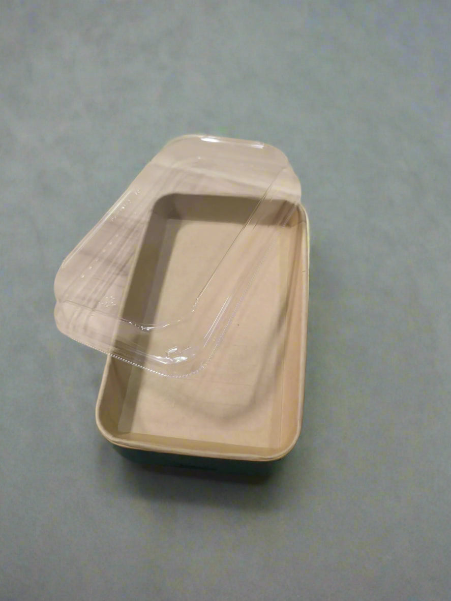 Empty ED-PH-07 kraft tray with the clear lid resting above the base