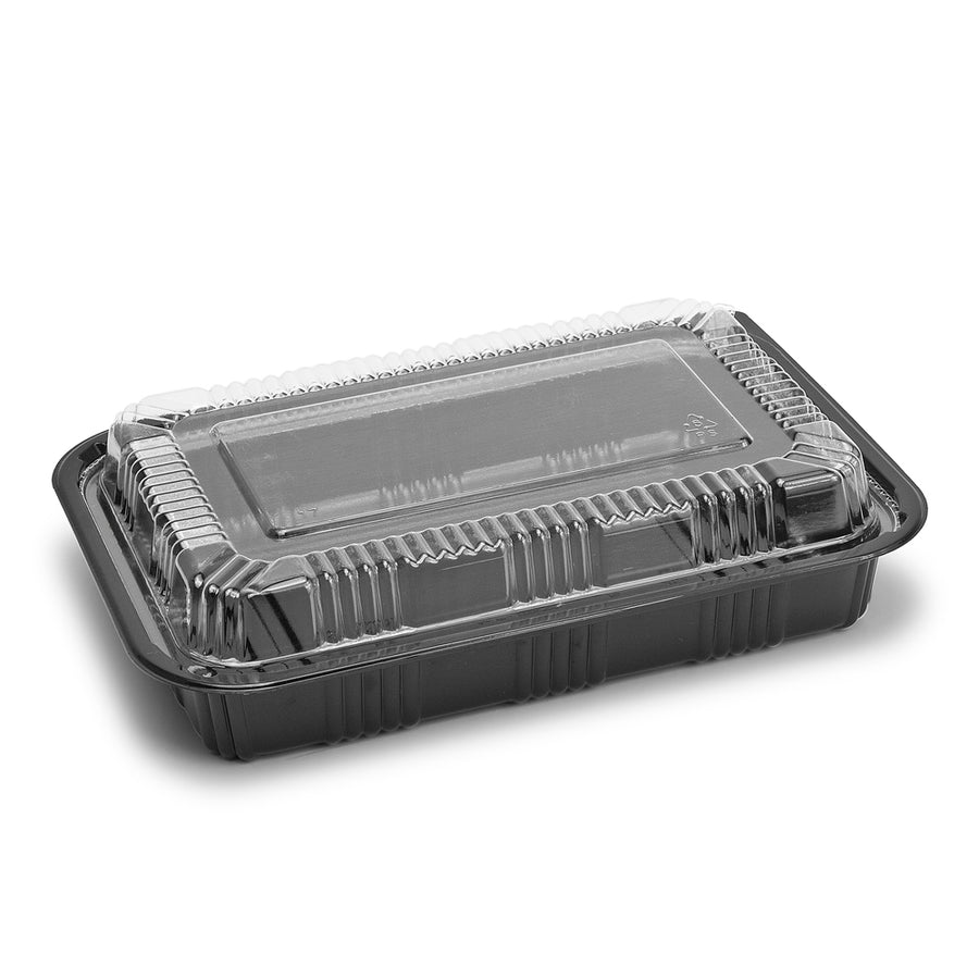 Black ED-8525 sushi tray with its own clear lid engaged